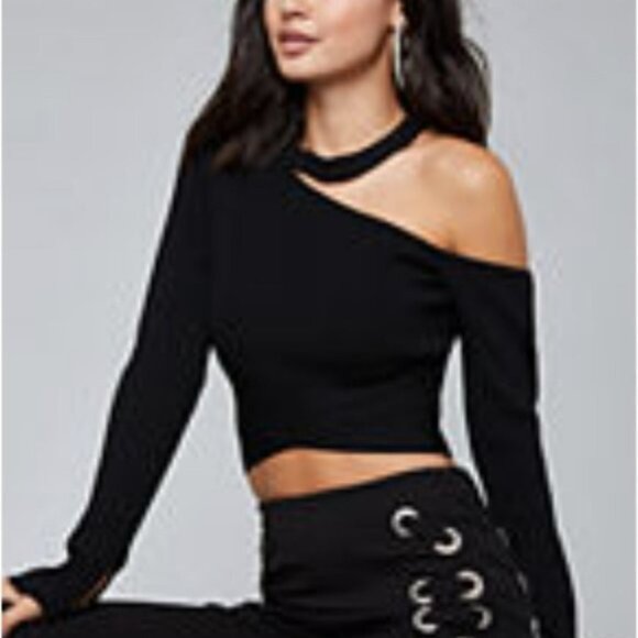 Bebe Black Cutout Ribbed One-Shoulder Choker Neck Long Sleeves Crop Top - Picture 1 of 15